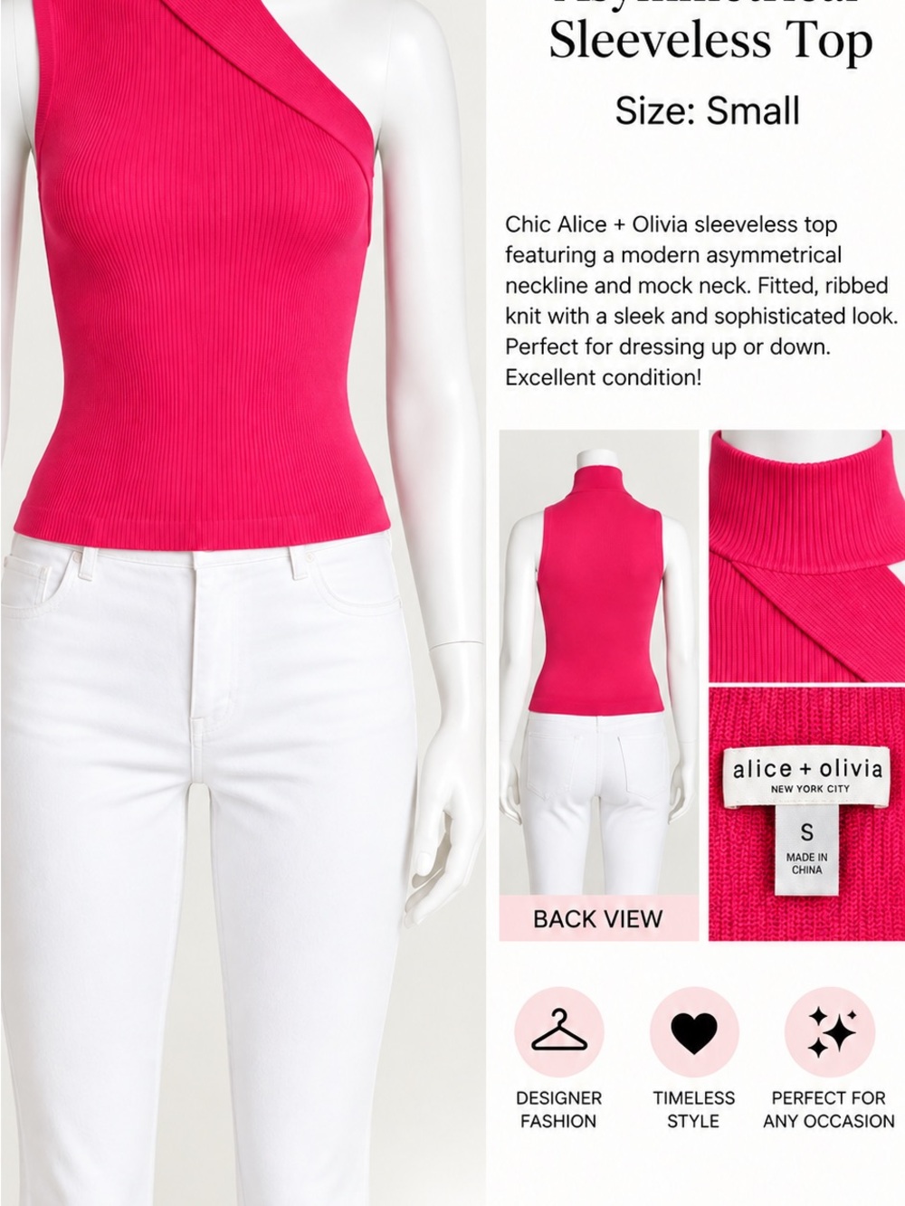 Alice + Olivia Fuchsia Ribbed Asymmetrical Mock-Neck Top